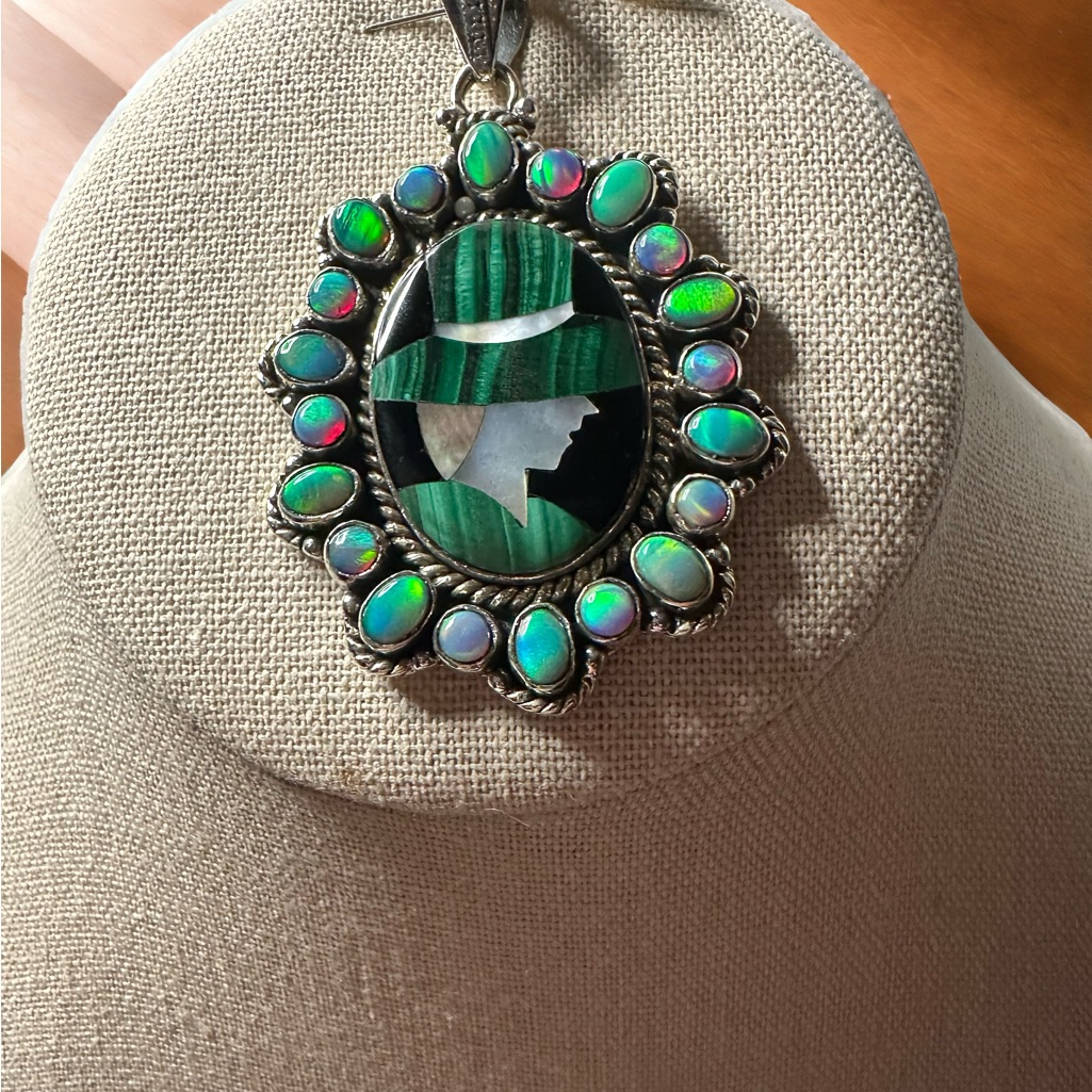 Inlayed Malachite, Black Onyx & Mop Surronded By Fire Opals In Sterling Silver